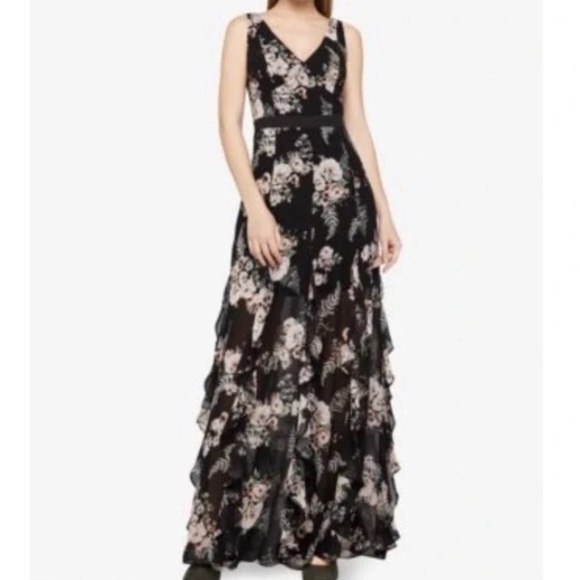 BCBGeneration Wmn SZ 4 Black Multicolor Floral Sleeveless Ruffled Maxi Dress NWT - Picture 1 of 12